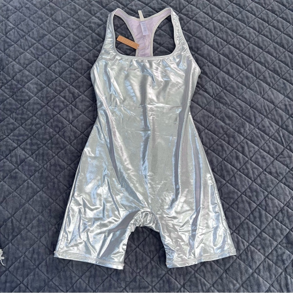 Skims Nickel Metallic Swim Cycle Suit Women Small one piece Silver suit B13